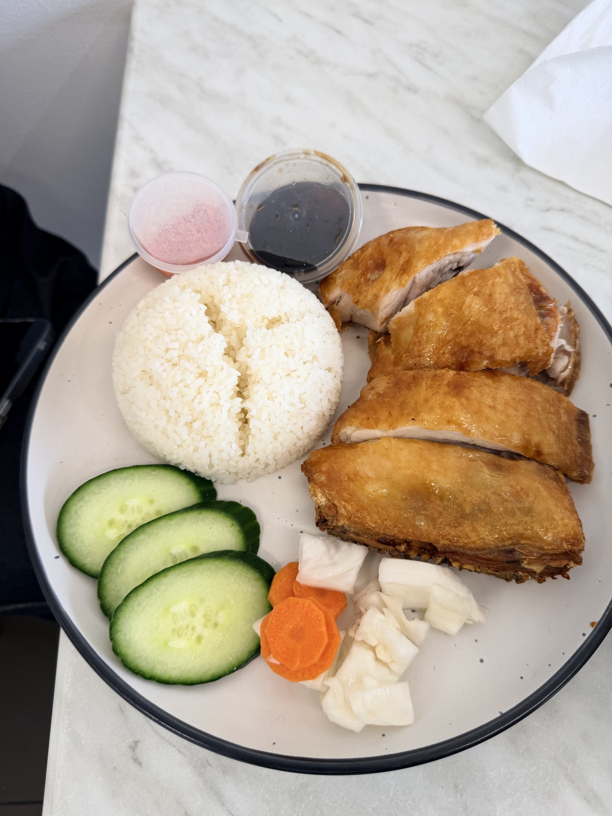 A crispy chicken rice plate with cucumber and pickled carrot and daikon
